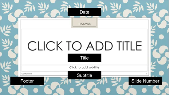 Example of a title slide in PowerPoint with a title, subtitle, date, slide number, and footer