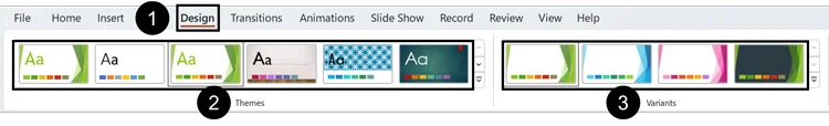 In the Design tab in PowerPoint, you can find the different themes and variants that you can use as a template for your presentations
