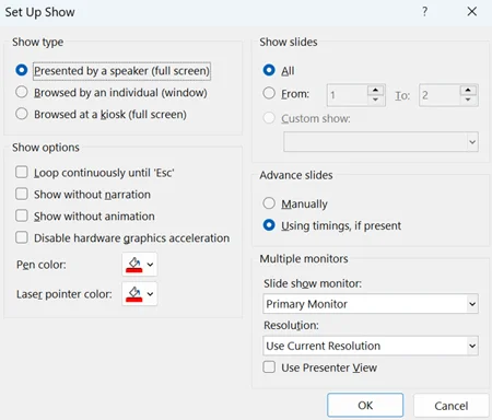 Picture of the set up show dialog box in PowerPoint, where you can customize how your PowerPoint presentation runs.