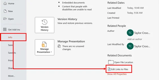 Click File, then Info then Edit Links to Files to re-establish the link between PowerPoint and Excel