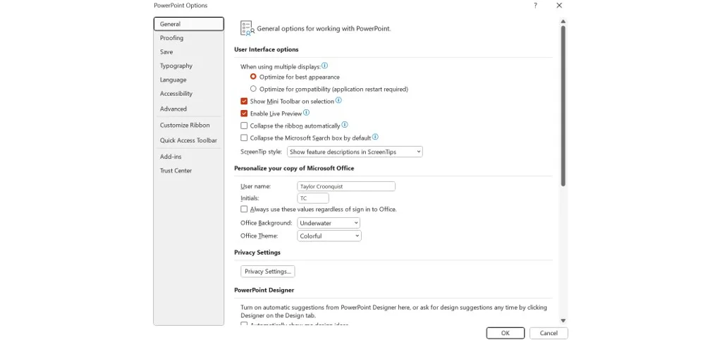 The PowerPoint options dialog box contains program level settings in PowerPoint.
