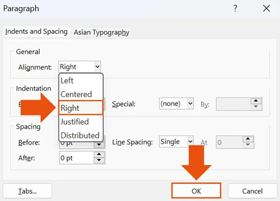Select right for your alignment and then click OK