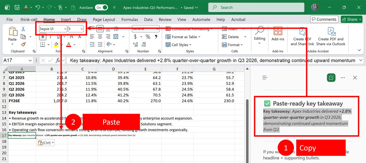 Excel cell showing content pasted from the Copilot chat pane displayed in Segoe UI 5pt font, with the Home ribbon Font and Size selectors visible confirming the imported tiny formatting that does not match the workbook default of Calibri 11.
