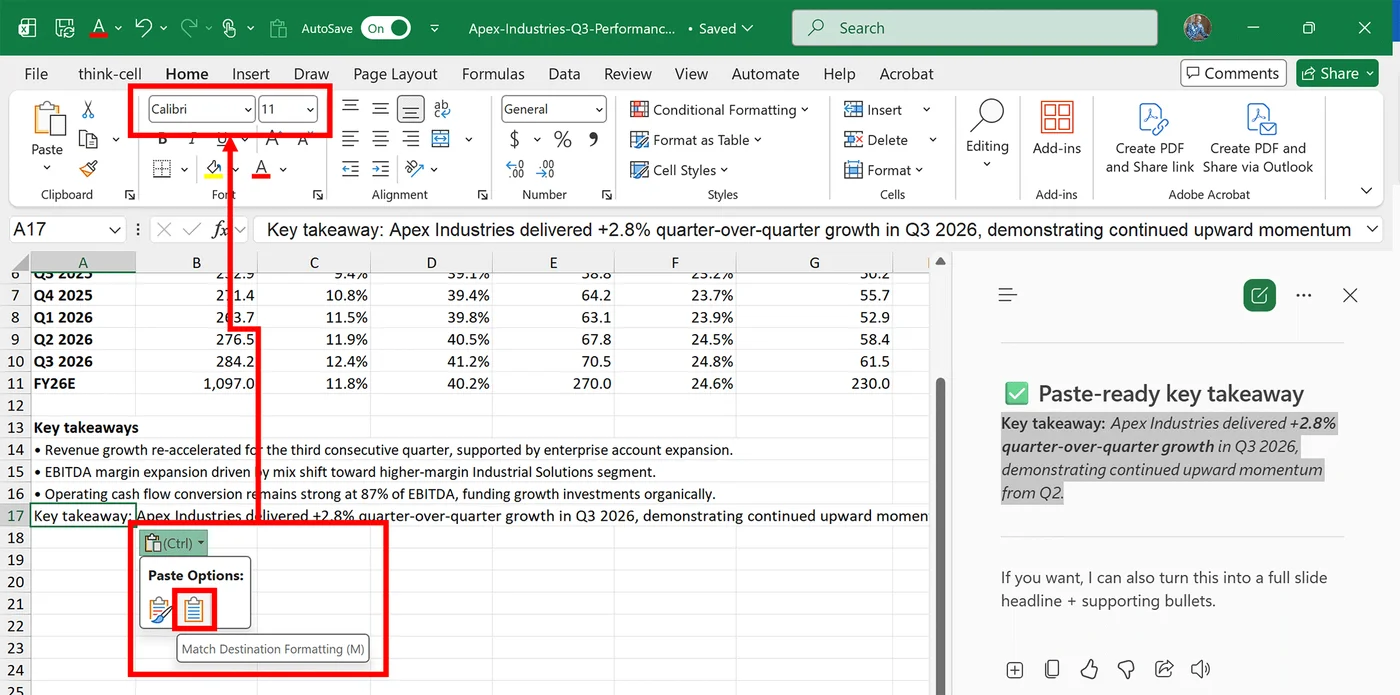 Excel cell after using Match Destination Formatting from the Paste Options dropdown — content preserved while the tiny Segoe UI font has been replaced with the workbook's default Calibri 11.