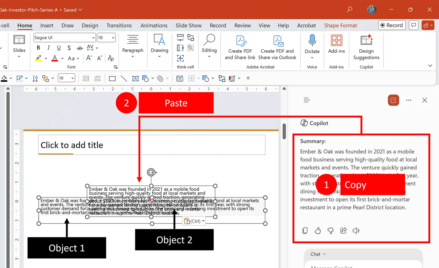 PowerPoint slide displaying overlapping stacked text boxes labeled Object 1 and Object 2 after pasting Copilot AI content into empty slide space rather than into a title placeholder — the table-formatted paste failure mode.