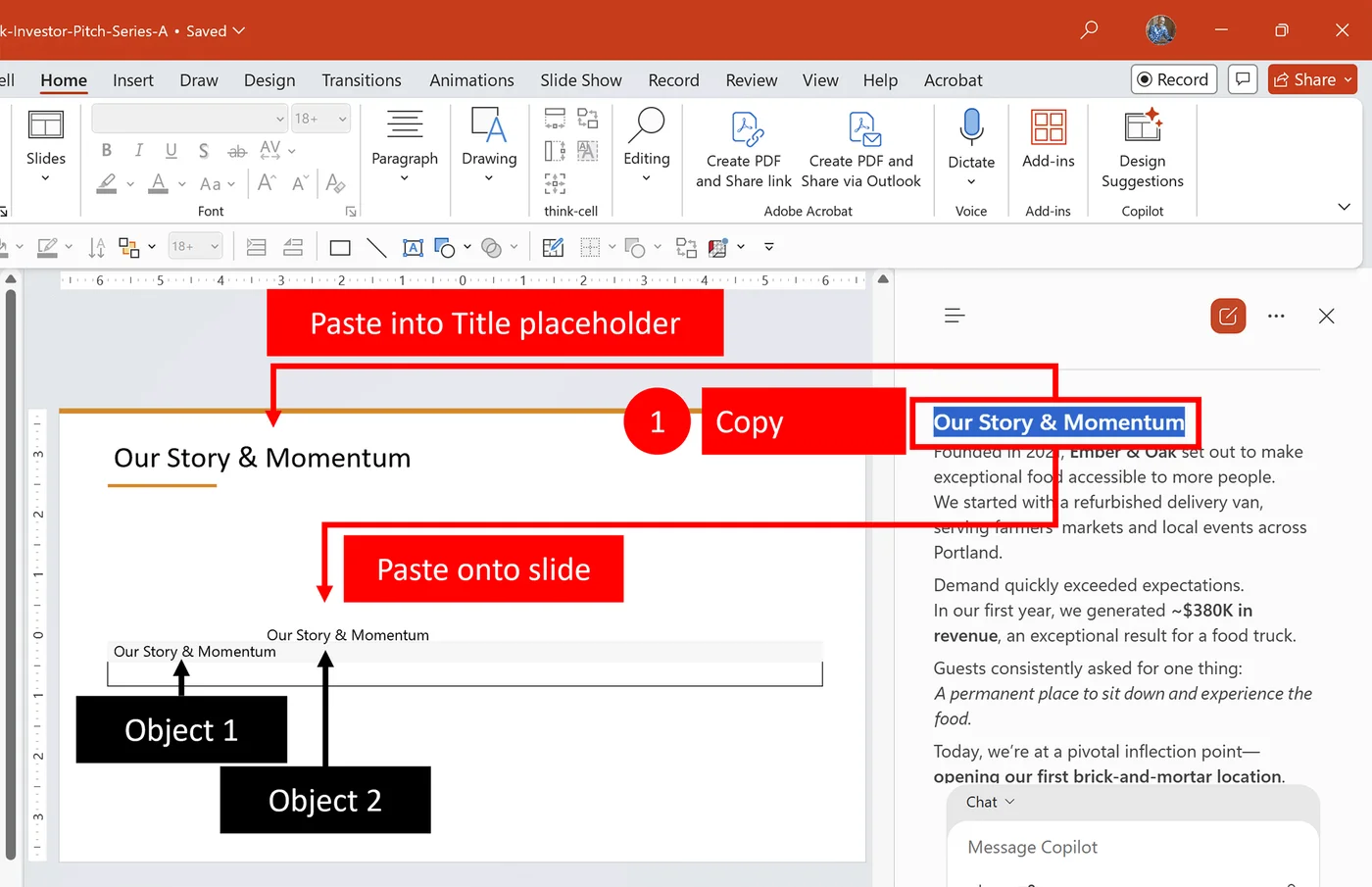 Side-by-side PowerPoint comparison showing clean Copilot paste into a title placeholder at the top versus messy overlapping text boxes (Object 1 and Object 2) after pasting into empty slide space below — demonstrating that placeholder paste works while slide-body paste fails as of May 2026.