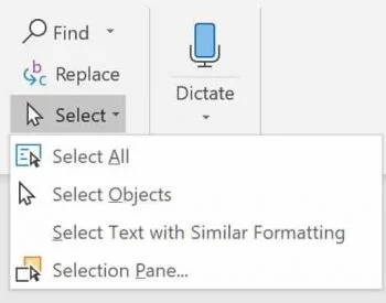 The Select drop down in Word where you can choose what kinds of things you want to select including Select All