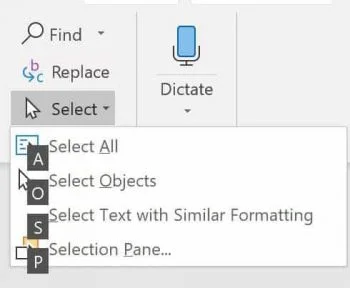 Example of using the ribbon guides to open and get at the commands in the Select drop down