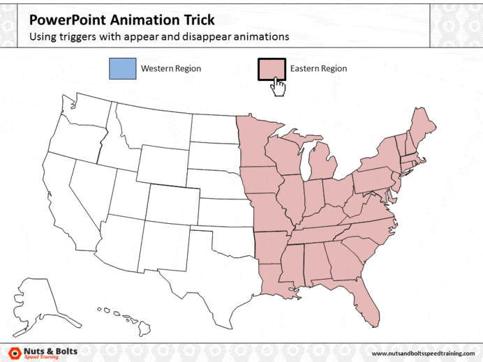 Clicking the Eastern Region trigger makes the red eastern states appear