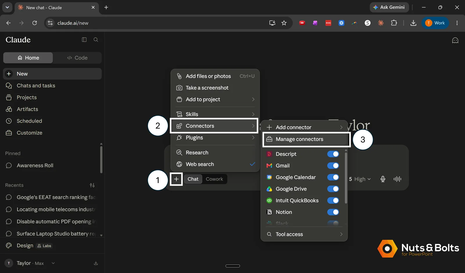 Claude chat window showing how to open Connectors and select Manage connectors from the plus menu.