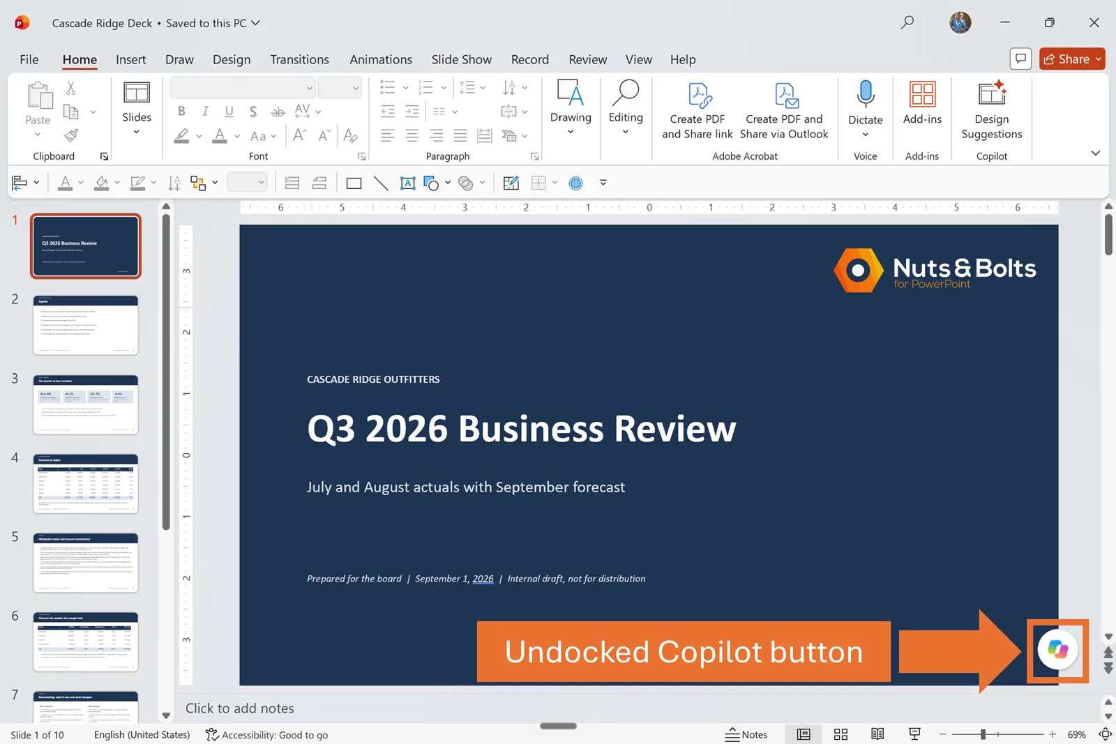 PowerPoint with the Copilot button undocked and floating in the lower-right corner of the slide area, highlighted with an orange arrow.