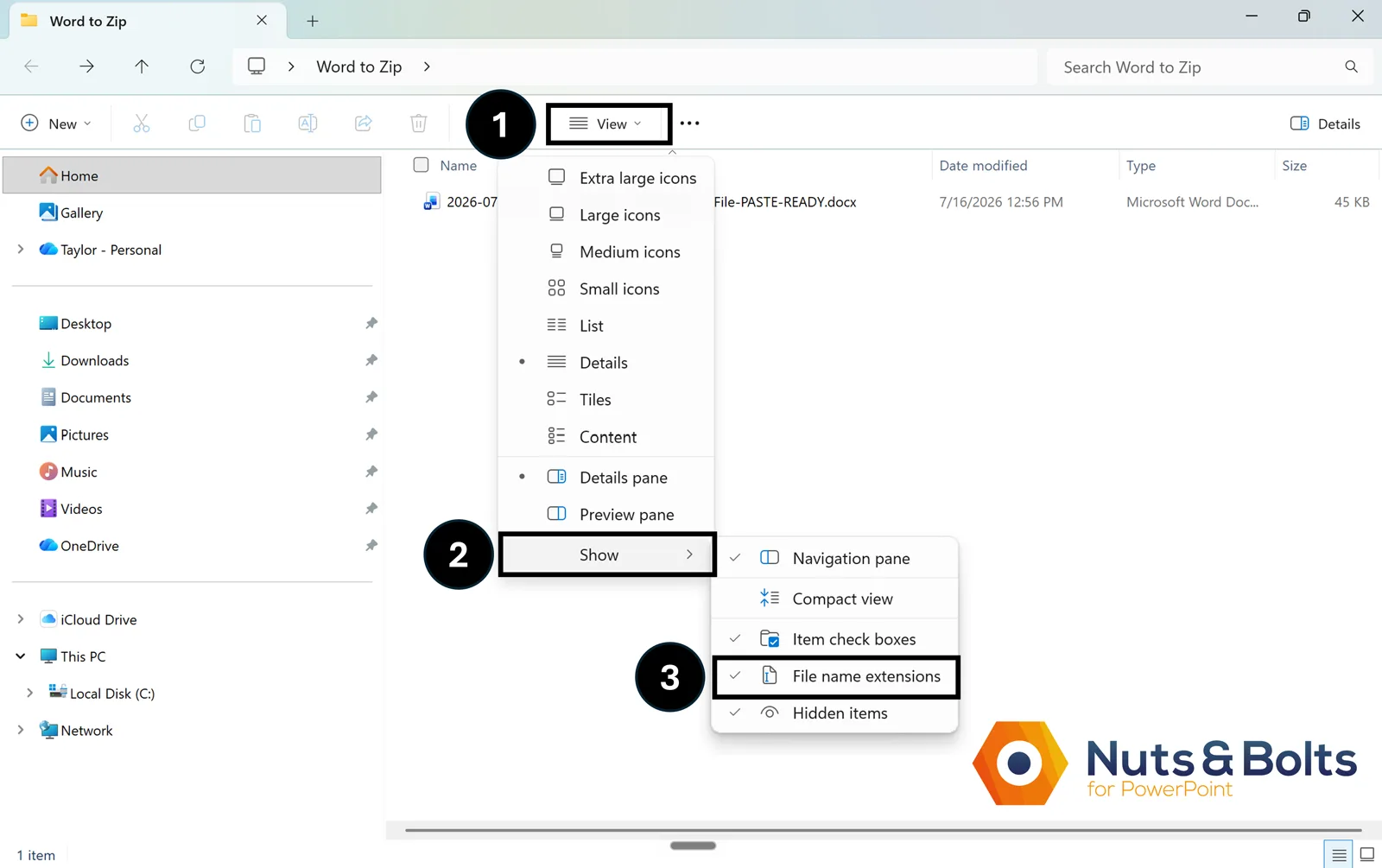 Windows File Explorer showing how to expose the .docx so you can change it to .ZIP. View, Show, then select File name extensions.