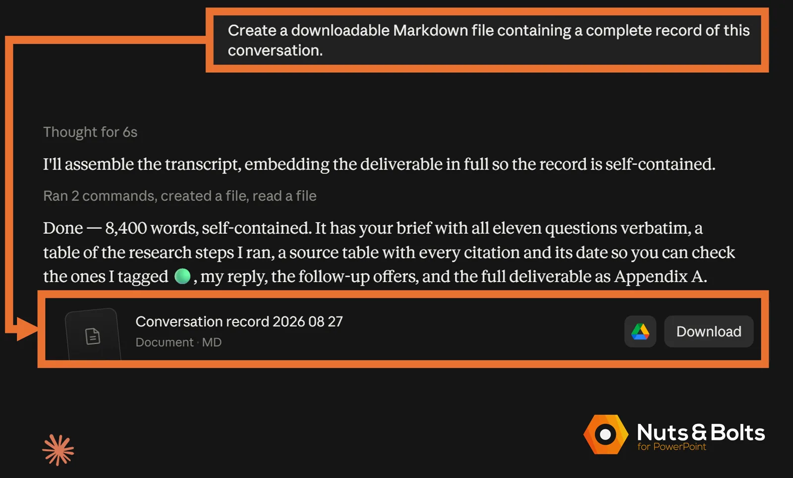 Claude conversation showing the prompt to create a downloadable Markdown record of the chat and the resulting .md file with a Download button.