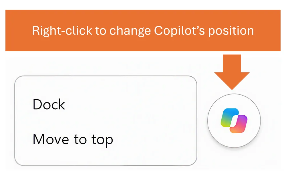 PowerPoint Copilot button with its right-click menu open, showing the Dock and Move to top options used to change the button’s position.