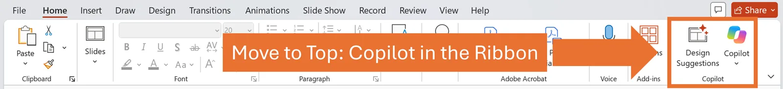 PowerPoint Home tab with Copilot moved to the ribbon using Move to Top, showing the Copilot group beside Design Suggestions.