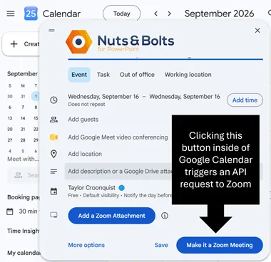 Google Calendar event window showing a Make it a Zoom Meeting button that triggers an API request to Zoom