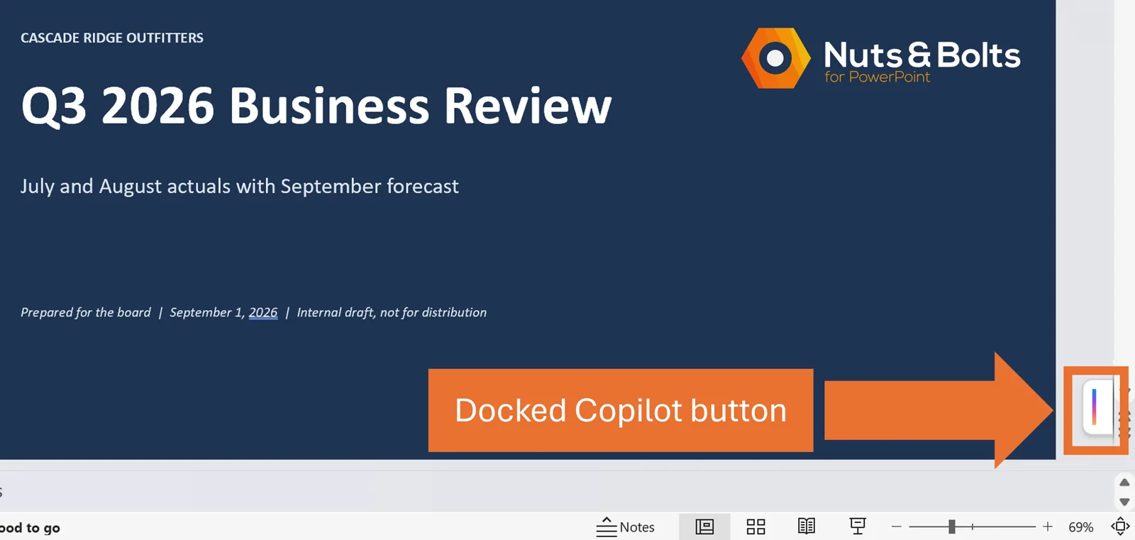 PowerPoint slide with the Copilot button docked as a small vertical icon on the right edge of the PowerPoint window, highlighted with an orange arrow.
