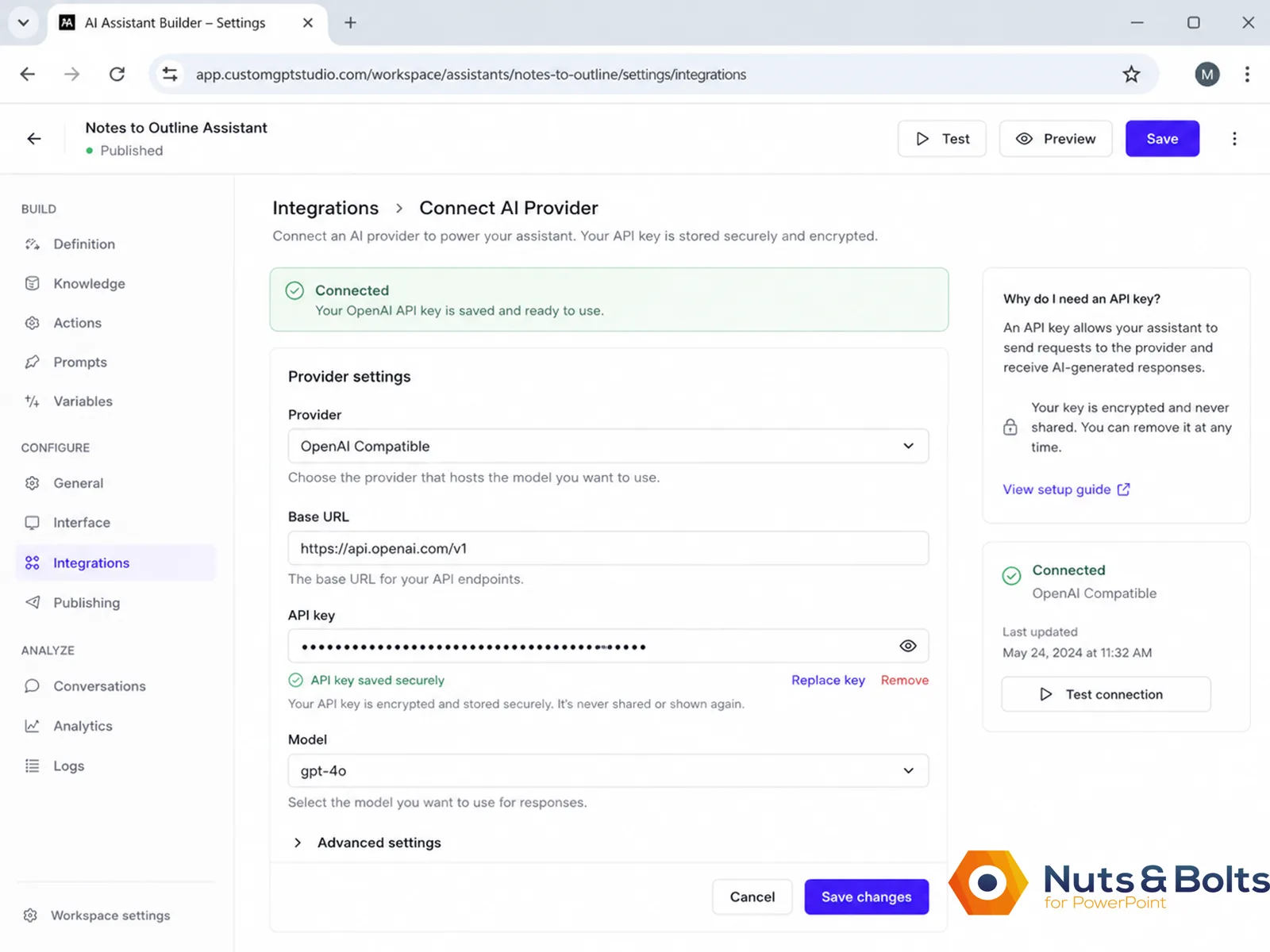 Notes-to-outline app settings showing a connected OpenAI API key masked with dots, plus options to replace or remove it.