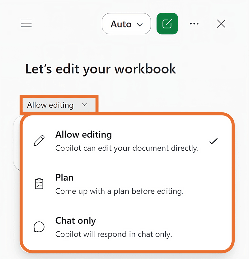 Copilot in Excel mode menu showing three options: Allow editing, Plan, and Chat only, with Allow editing currently selected.