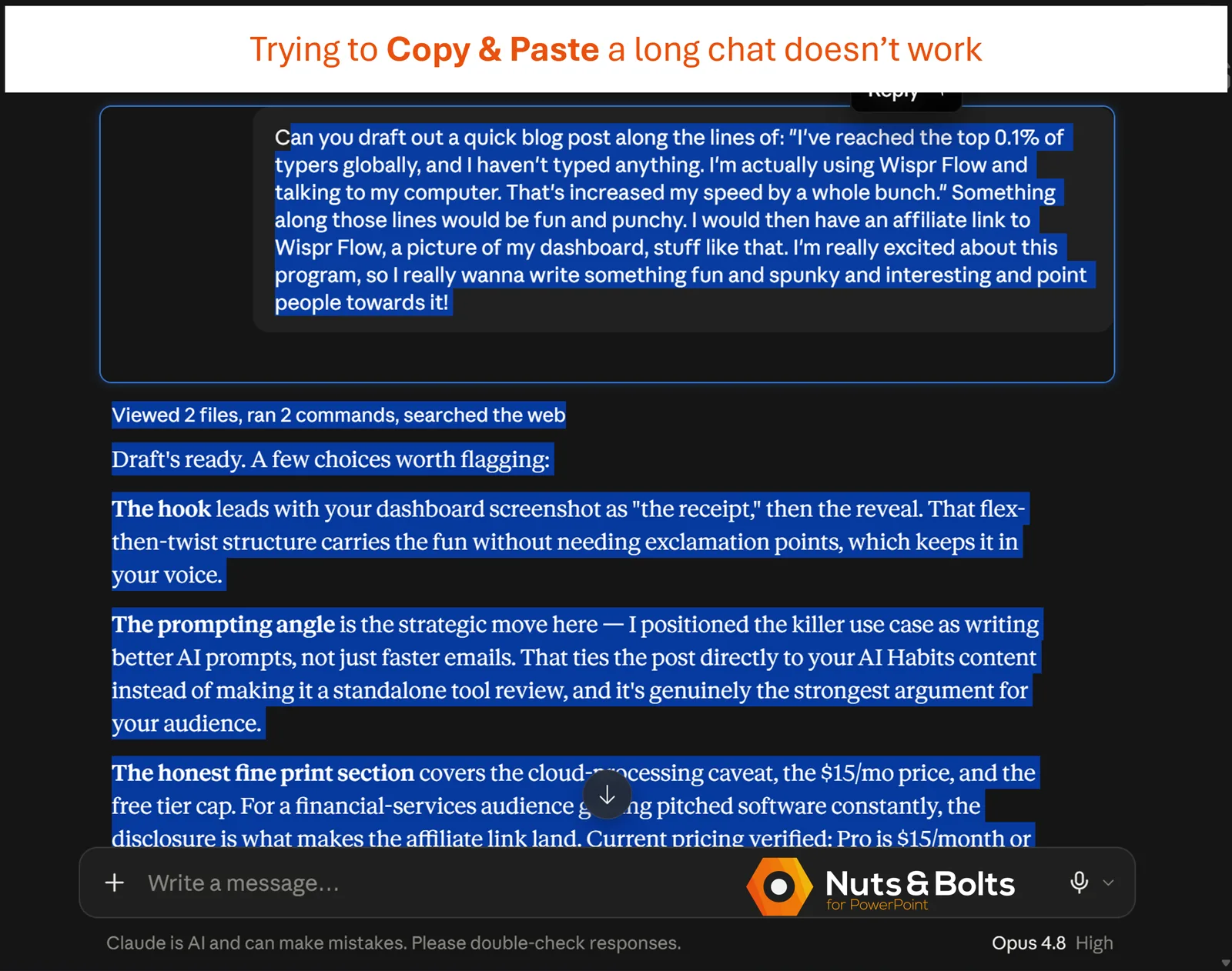 A long Claude chat with the conversation highlighted from top to bottom, showing how a full-chat copy can appear complete even when messages are missing.