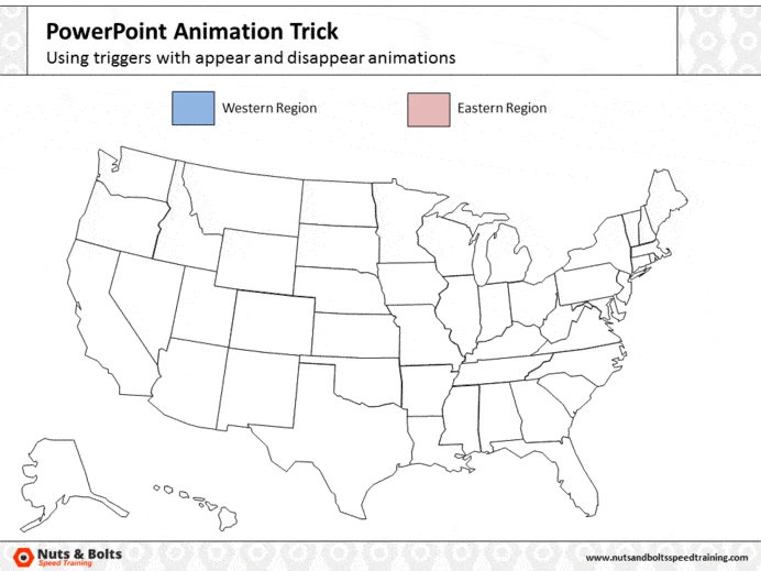PowerPoint slide with a blank US map and trigger buttons for the Western and Eastern regions