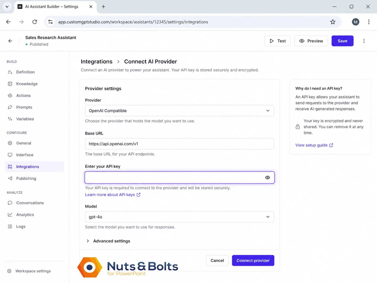 No-code AI assistant setup screen with an empty “Enter your API key” field highlighted in the provider settings.
