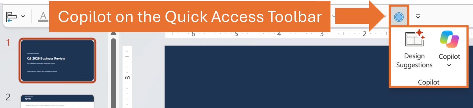 PowerPoint with the Copilot group added to the Quick Access Toolbar, shown as a blue circle that expands to display Design Suggestions and Copilot.