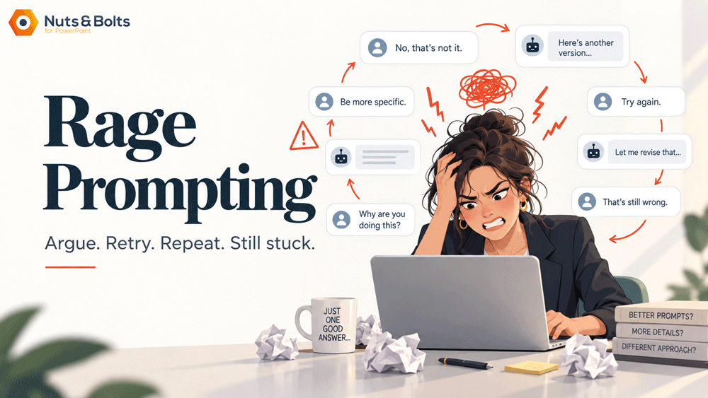 Illustration of a frustrated office professional caught in a repeating AI chat loop, with messages such as “Try again,” “That’s still wrong,” and “Why are you doing this?” circling around her laptop beneath the title “Rage Prompting.”