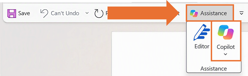 Microsoft Word Quick Access Toolbar showing an Assistance dropdown that contains both Editor and Copilot, highlighted with orange outlines and an arrow.