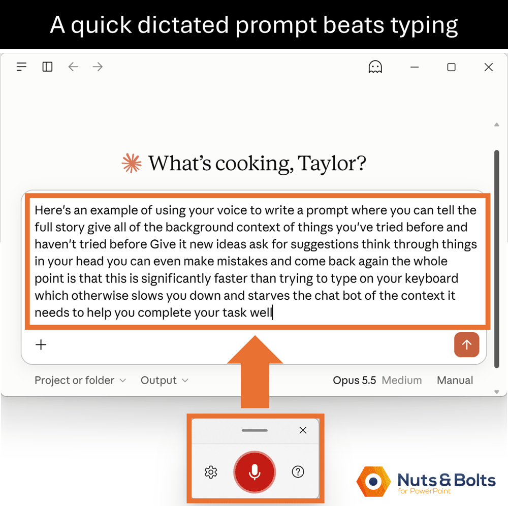 Windows voice typing dictating a long AI prompt into Claude, showing detailed context appearing as editable text before sending