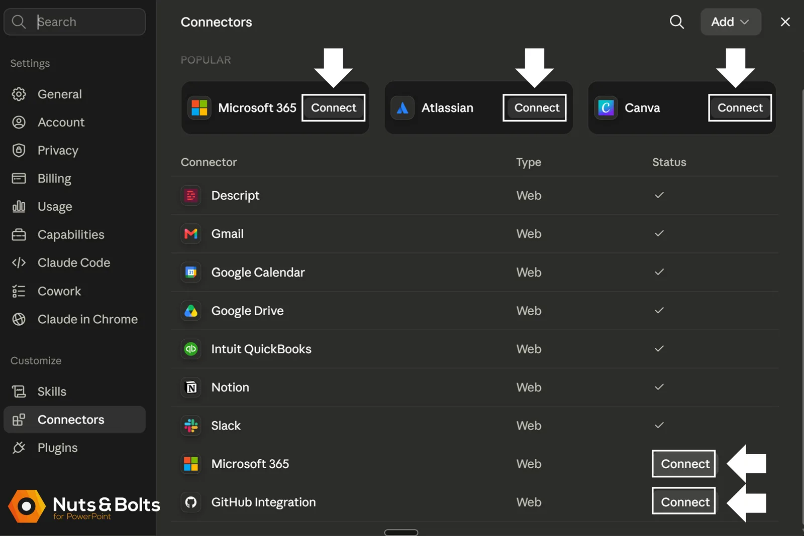 Claude’s Connectors settings showing services such as Microsoft 365, Atlassian, Canva, Gmail, Google Drive, Notion, and Slack, with arrows highlighting the Connect buttons.