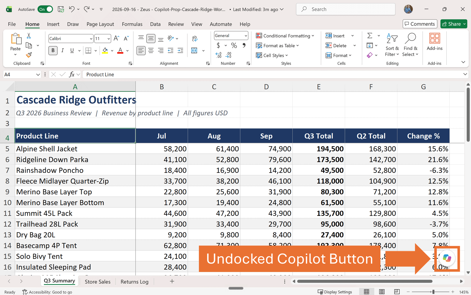 Excel worksheet showing the Copilot button floating over the lower-right corner of the spreadsheet, with an orange arrow and label identifying it as the undocked Copilot button.