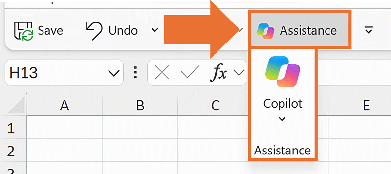 Screenshot of Excel interface showing the Assistance menu with Copilot option highlighted by an orange arrow pointing to it from the toolbar.