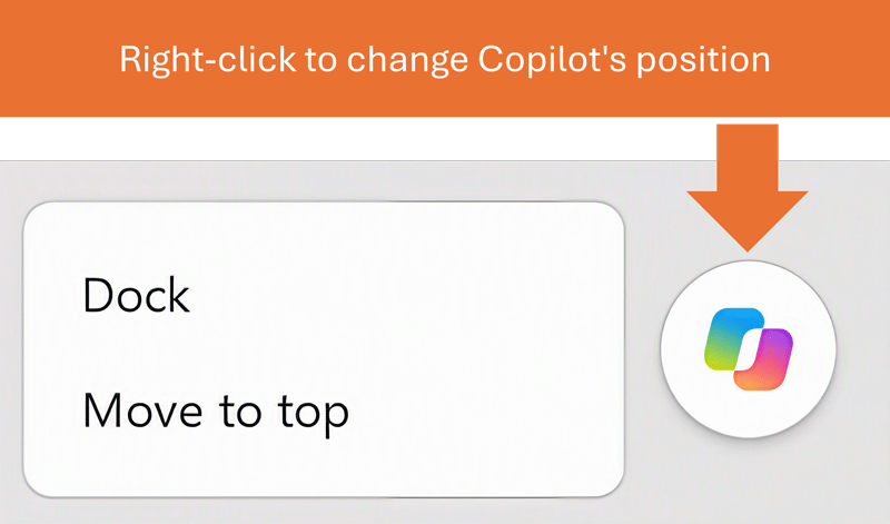 Word Copilot button with its right-click menu open, showing Dock and Move to top options, with an orange arrow pointing to the Copilot button.