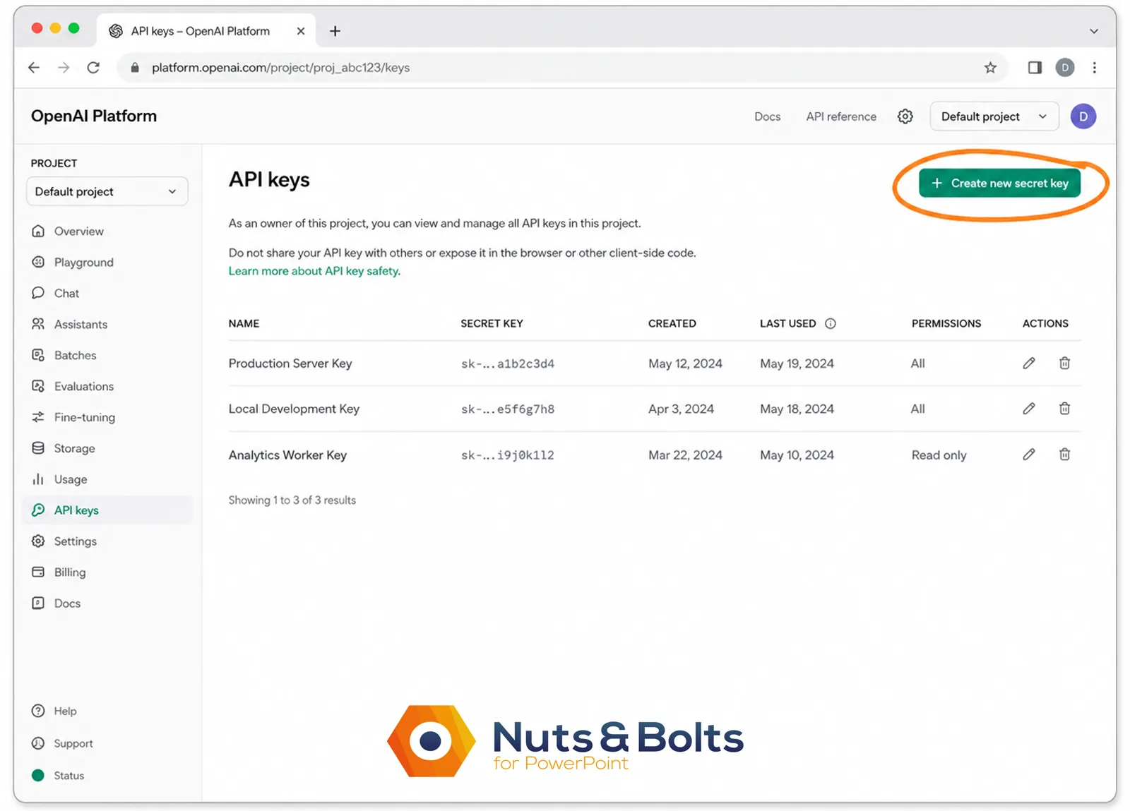 Illustrative OpenAI Platform API keys dashboard with the “Create new secret key” button circled in Nuts & Bolts orange.