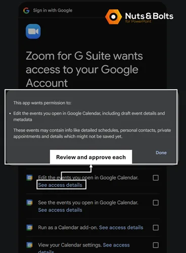 Google permission screen for Zoom showing detailed Google Calendar access, with an annotation telling users to review each permission before approving.