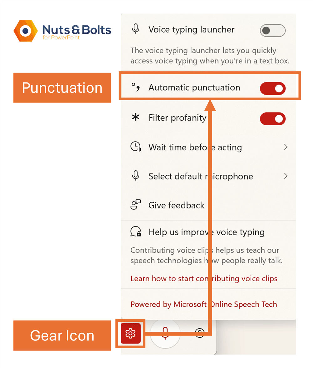 Windows voice typing settings with the gear icon and Automatic punctuation toggle highlighted.