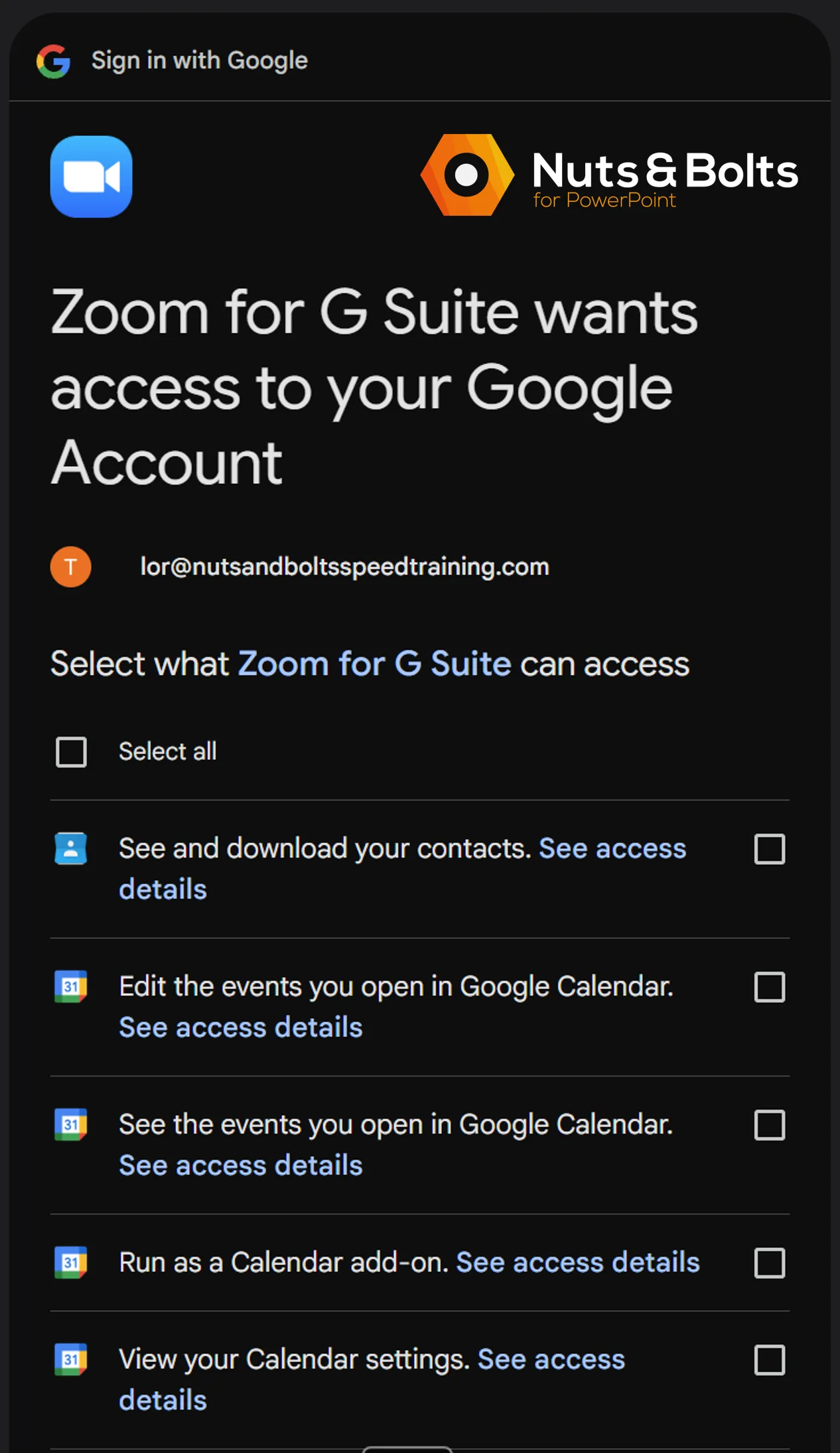 Google authorization screen for Zoom showing requested access to contacts, Google Calendar events, and Calendar settings, with checkboxes for each permission.