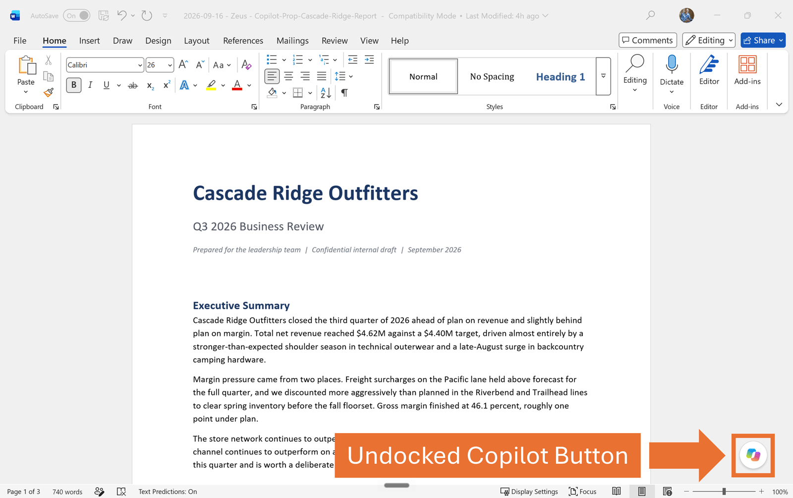 Microsoft Word document showing the Copilot button floating in the lower-right corner of the document window, highlighted with an orange arrow and label.