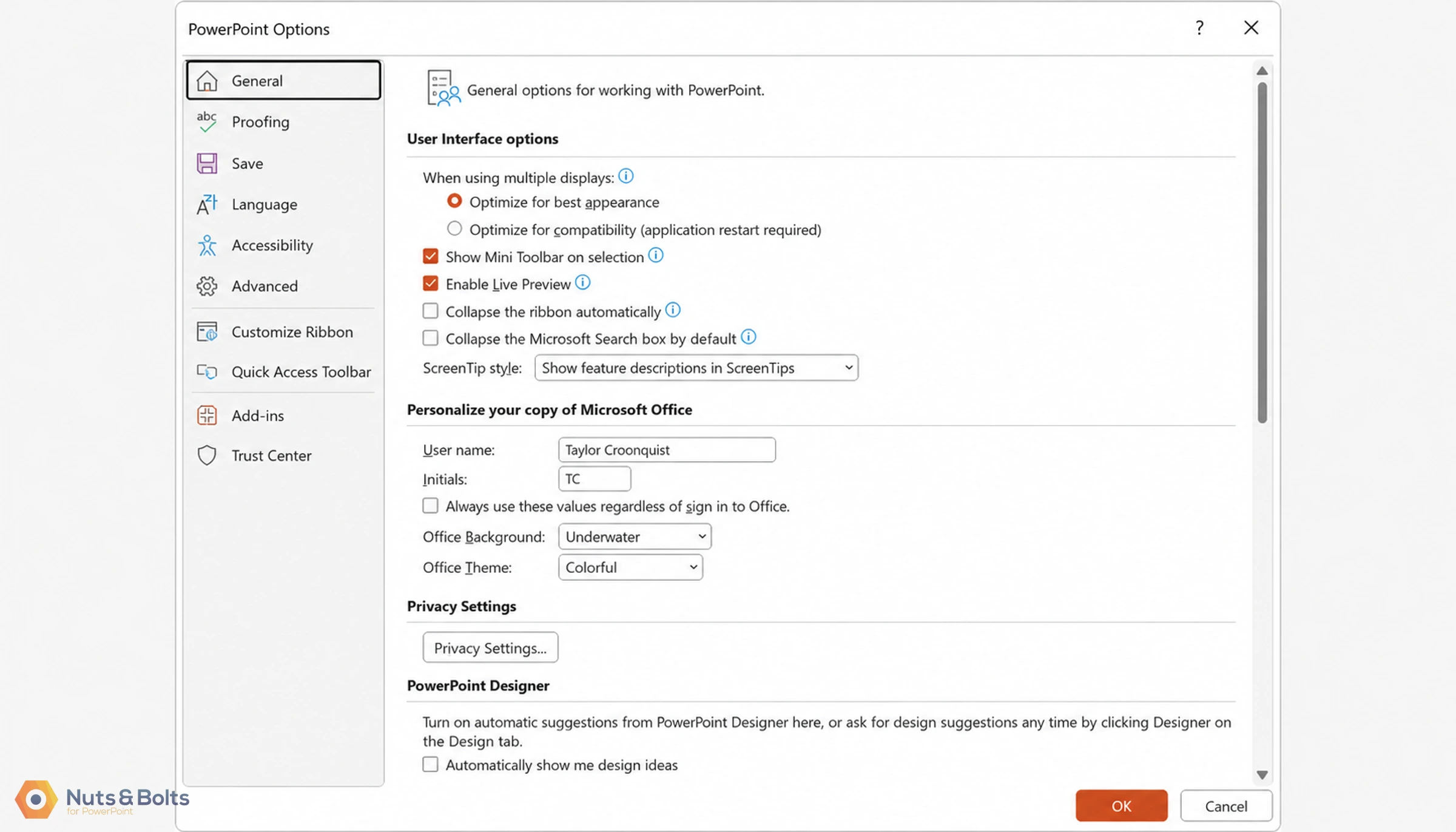 PowerPoint Options dialog box showing General settings with User Interface options, personalization fields, privacy settings, and PowerPoint Designer options. Left sidebar displays additional option categories including Proofing, Save, Language, Accessibility, Advanced, and more.