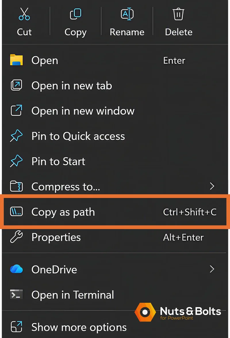Context menu with file operations including Cut, Copy, Rename, Delete, Open, and other options like Pin to Quick access, Compress, Copy as path, and Properties.