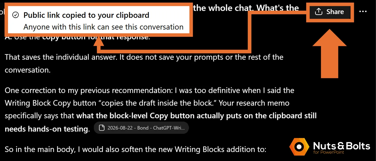 ChatGPT Share button highlighted next to a notice reading “Public link copied to your clipboard” and “Anyone with this link can see this conversation.”