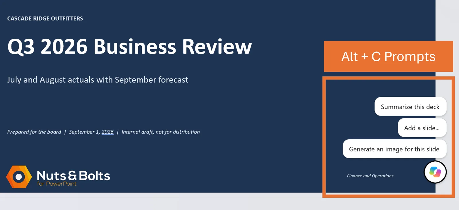 PowerPoint slide with the undocked Copilot button showing three starter prompts after pressing Alt + C, including Summarize this deck, Add a slide, and Generate an image for this slide.