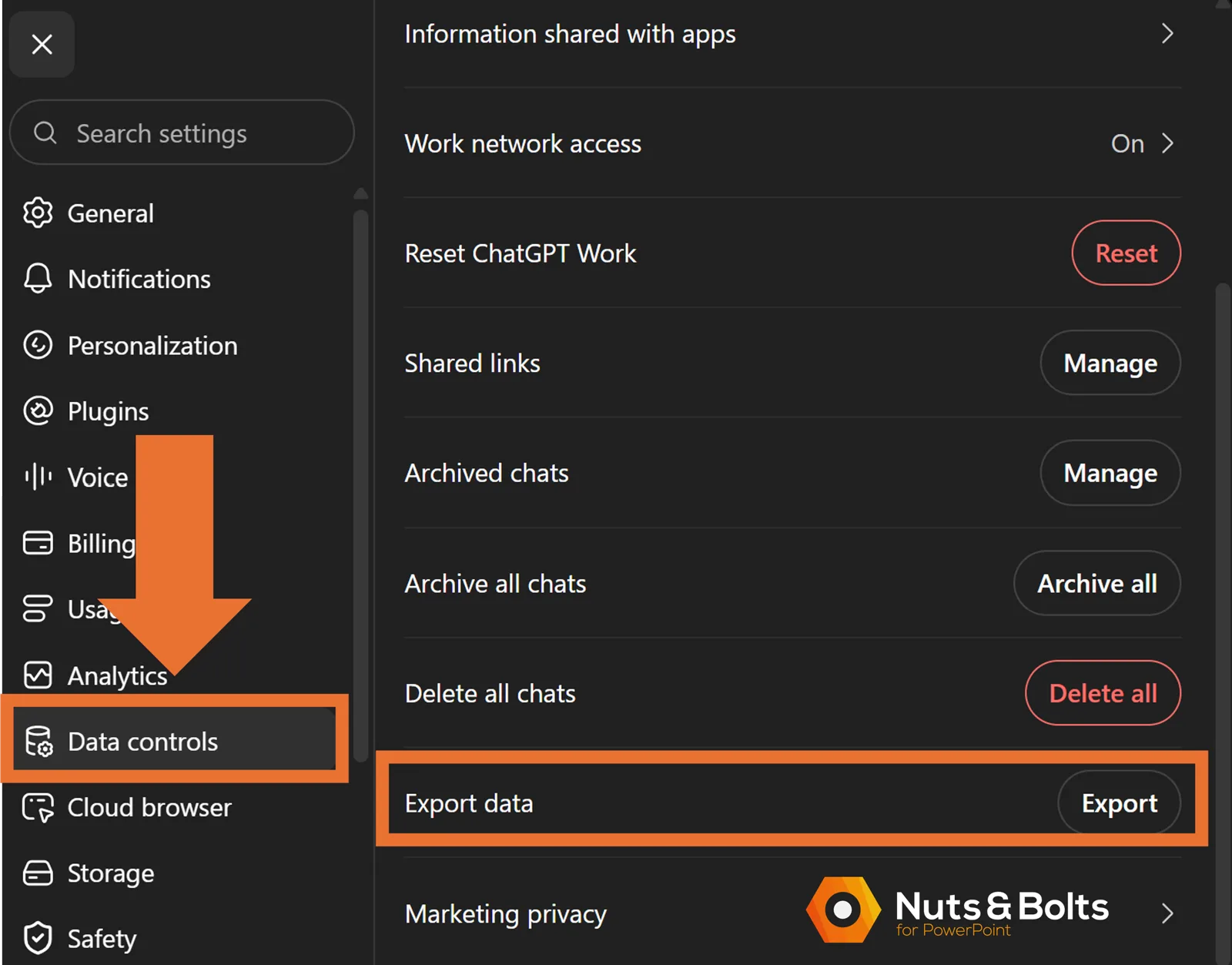 ChatGPT Settings with Data controls selected and the Export data option highlighted, showing where to download a copy of your ChatGPT account data.
