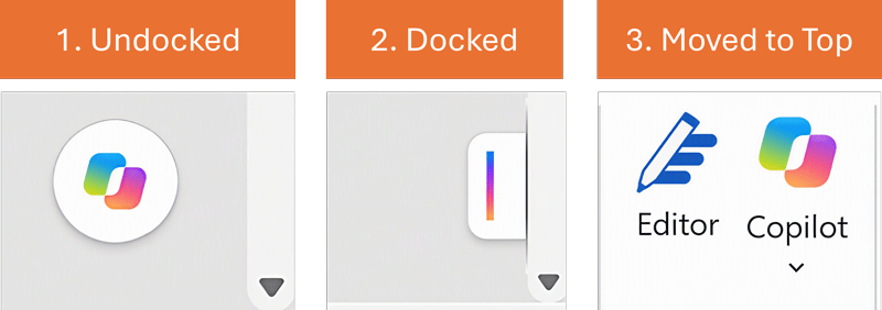 Three side-by-side Word screenshots showing the Copilot button undocked and floating beside the document, docked on the edge of the Word window, and moved to the top of the Home tab beside Editor.