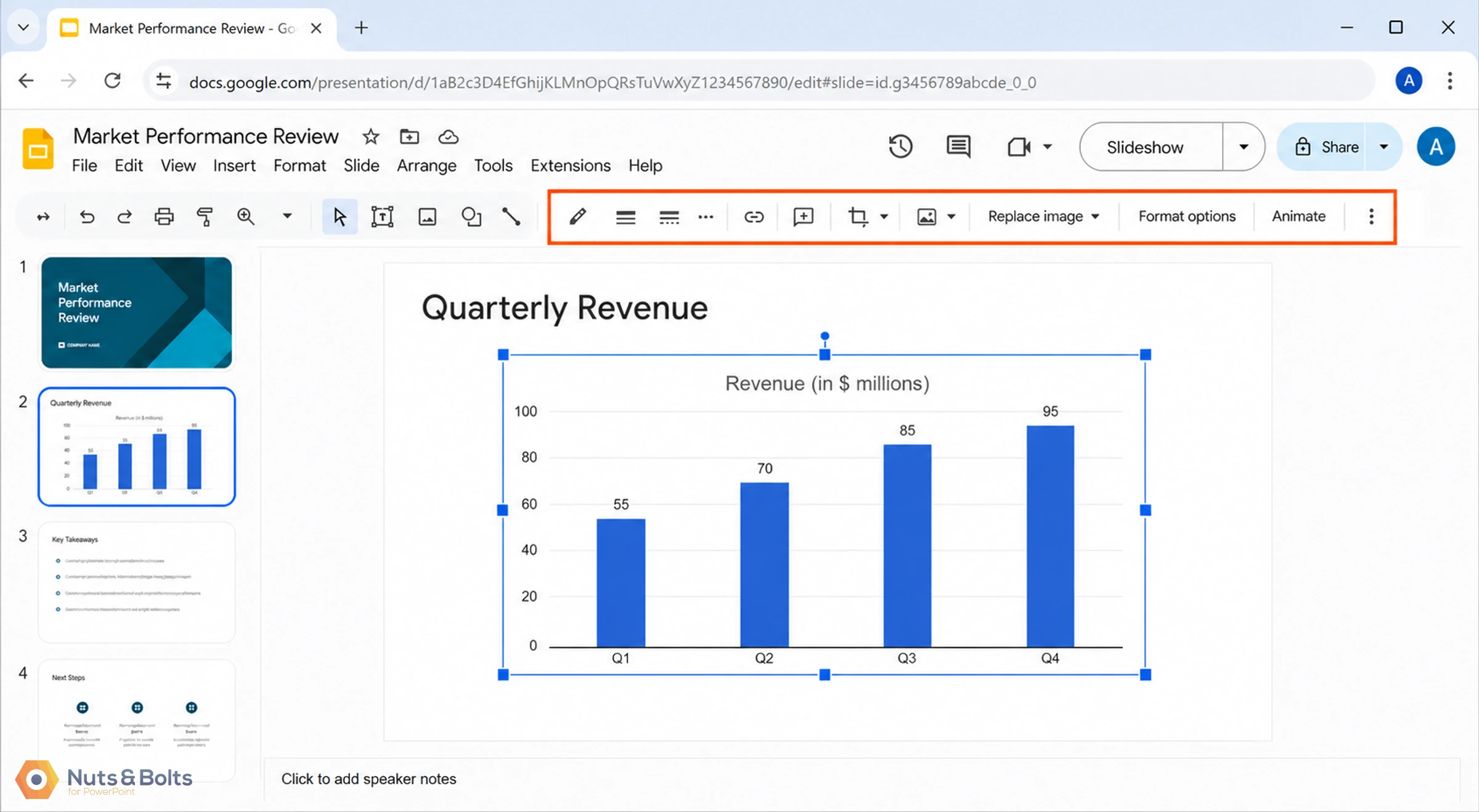 Google Slides presentation showing a "Quarterly Revenue" bar chart with revenue data in millions for Q1 through Q4, displaying an upward trend from 55 to 95 million dollars.
