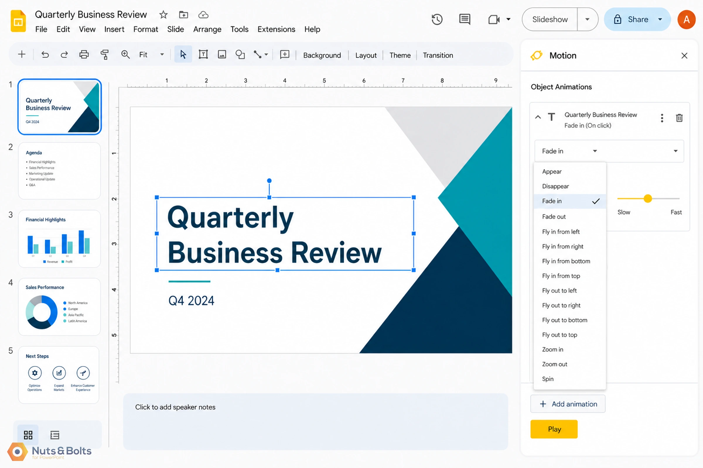 Google Slides presentation titled "Quarterly Business Review" with a slide showing the title, Q4 2024 date, and geometric teal and navy design elements. Motion panel open on the right displaying animation options.