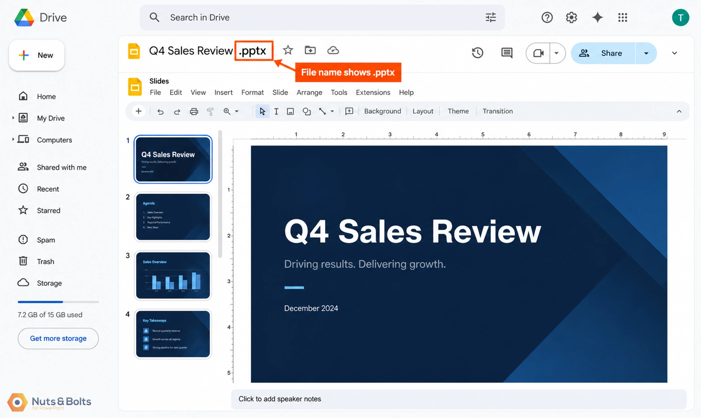 Google Drive interface showing Q4 Sales Review presentation file open in Google Slides with dark blue design and title slide displayed