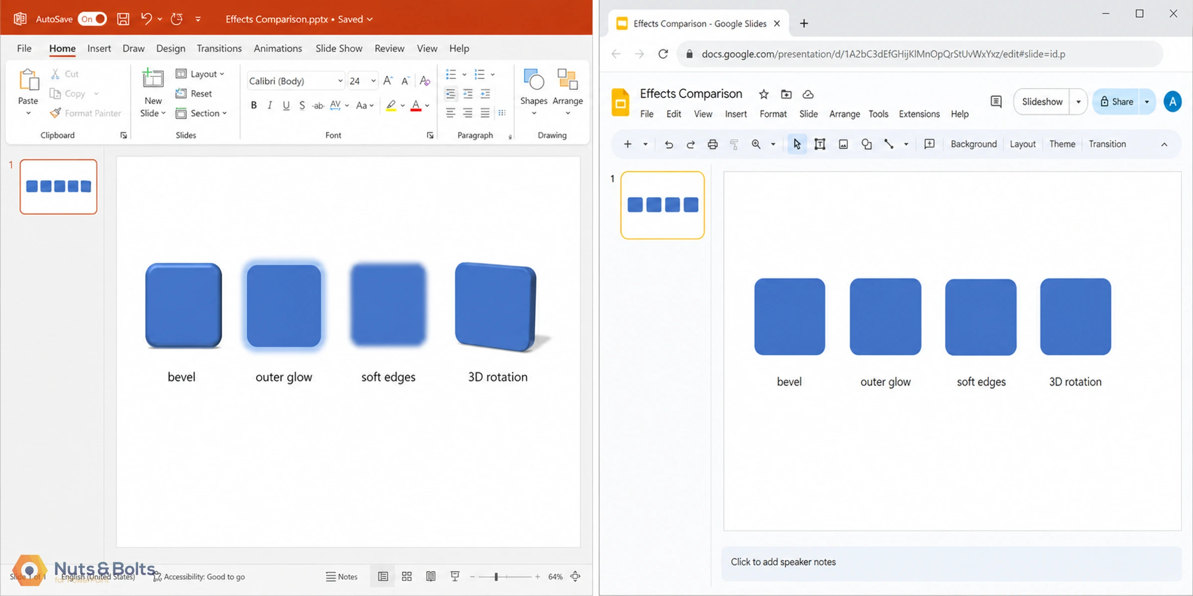 Side-by-side comparison of presentation software showing blue square shapes with different effects labeled: bevel, outer glow, soft edges, and 3D rotation applied to each shape respectively.