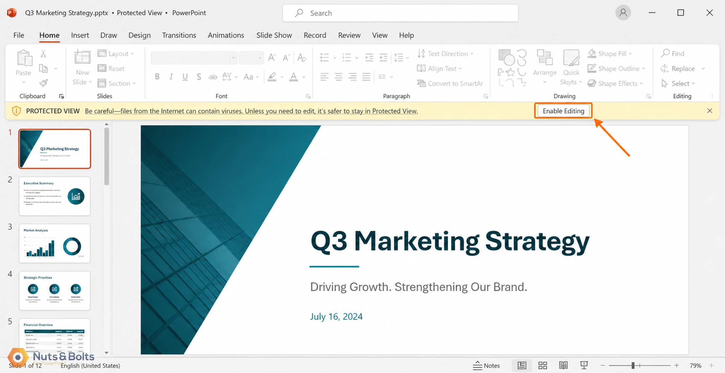 PowerPoint presentation open in Protected View showing Q3 Marketing Strategy title slide with teal design, subtitle "Driving Growth. Strengthening Our Brand." dated July 16, 2024, with slide thumbnails on left panel.